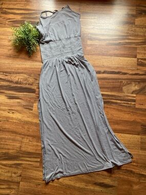 O'Neill Medium Gray Striped Maxi Beach Dress with Smocked Waist